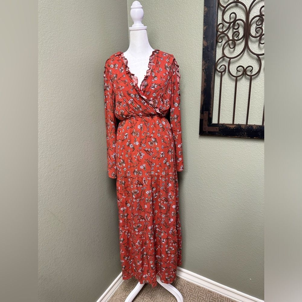 Miami rusty floral ruffle cold shoulder vneck maxi dresd